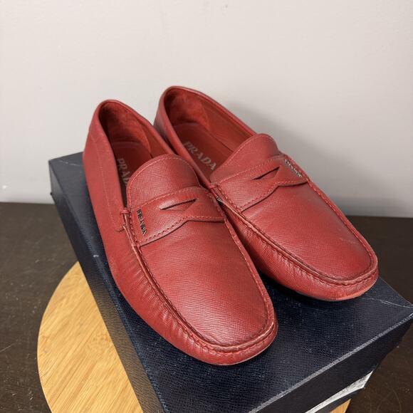 PRADA Red Leather Silver Bit Driving Shoes Loafers Mens UK 9.5 US 10.5 $550